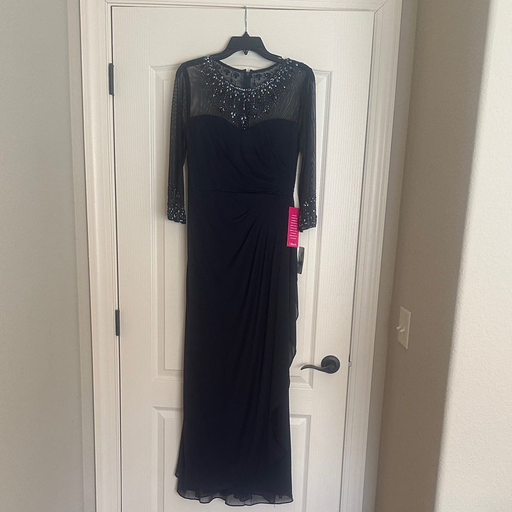 Alex Evenings Navy 3/4 Sleeve Dress with Embellished Neckline